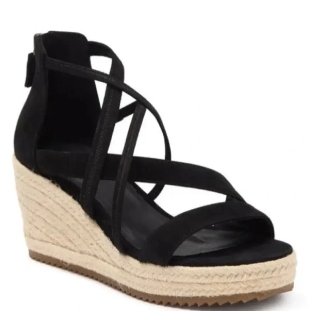 New Eileen Fisher Wanda Espadrille Wedge Sandals Platform Black Leather Spring